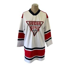 Guess Originals Hockey Jersey V-Neck Logo Shirt White Red Navy Blue Womens Small